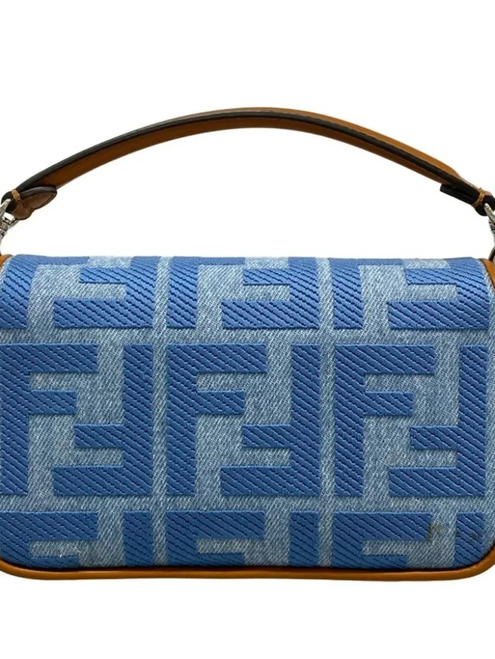 FENDI Baguette Mini 8BS017-AP4N Light Blue Brown Jacquard Leather Handbag